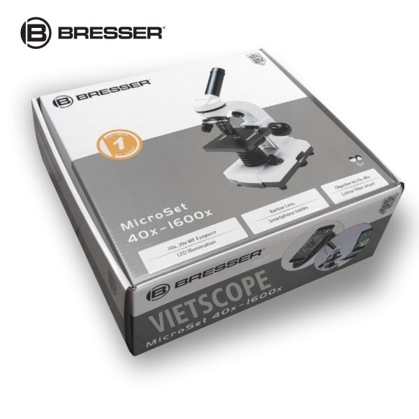 Kính hiển vi Bresser 40x - 1600x được đóng gói trong hộp carton có chống sốc
