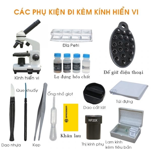 Các phụ kiện đi kèm kính hiển vi Bresser 40x - 1600x